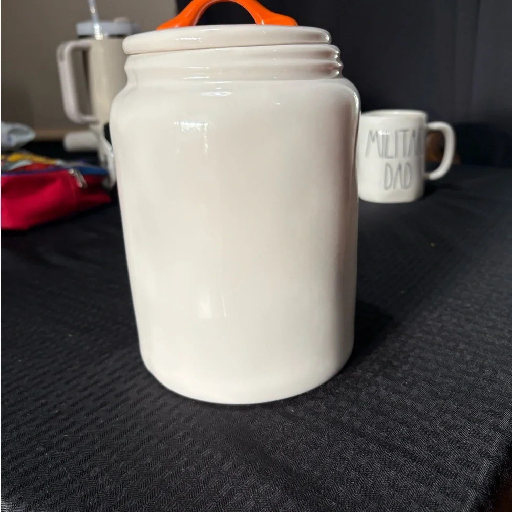 Rae Dunn White Halloween Dog Treat Jar with Orange Lid